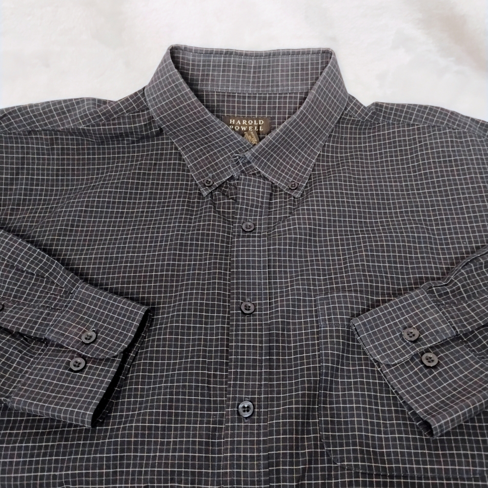 Harold Powell Mens Large 100% Cotton‎ Navy Blue Check Long Sleeve Button Shirt H
